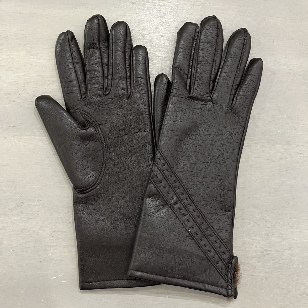 Vintage Women's Leather Gloves Rabbit Fur Brown